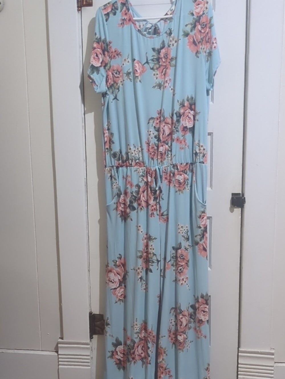 Floral Jumpsuit - Light Blue with Pink Roses